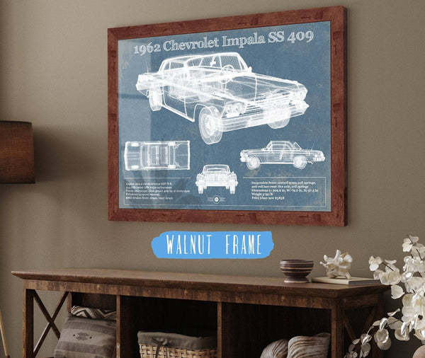 20" x 16" / Walnut Frame Cutler West 1962 Chevrolet Impala SS 409 Blueprint Vintage Auto Print