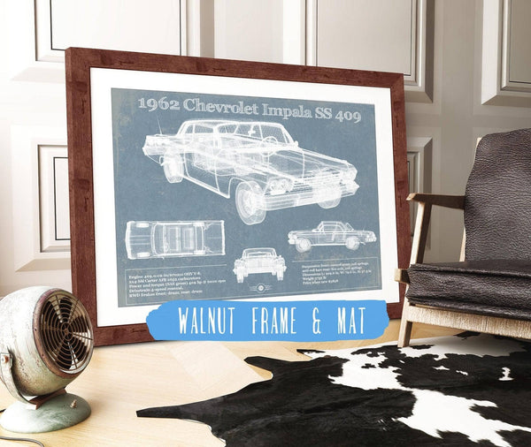 20" x 16" / Walnut Frame & Mat Cutler West 1962 Chevrolet Impala SS 409 Blueprint Vintage Auto Print