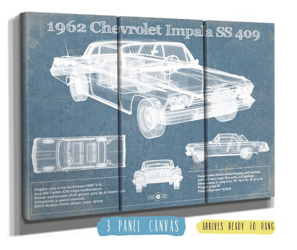 36" x 24" / 3 Panel Canvas Wrap Cutler West 1962 Chevrolet Impala SS 409 Blueprint Vintage Auto Print