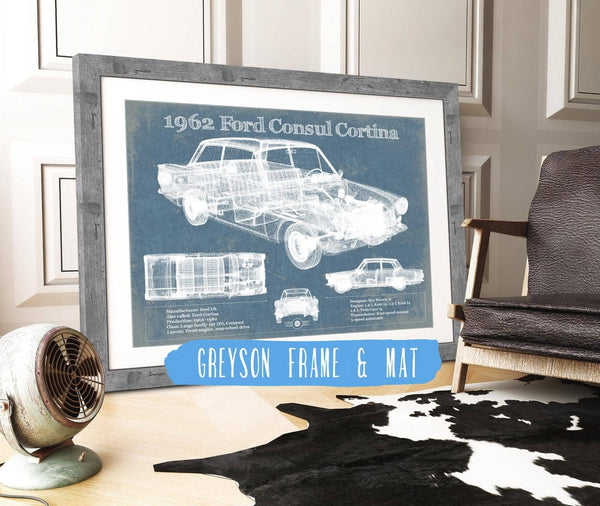 14" x 11" / Greyson Frame & Mat Cutler West 1962 Ford Consul Cortina Mark I Original Blueprint Art
