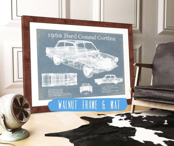 20" x 16" / Walnut Frame & Mat Cutler West 1962 Ford Consul Cortina Mark I Original Blueprint Art