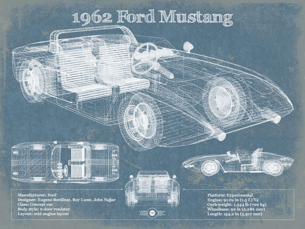 14" x 11" / Stretched Canvas Wrap Cutler West 1962 Ford Mustang Vintage Blueprint Auto Print