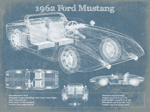 14" x 11" / Unframed Cutler West 1962 Ford Mustang Vintage Blueprint Auto Print