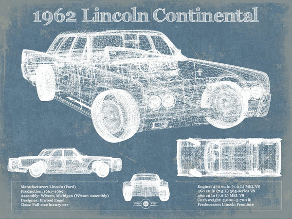 14" x 11" / Unframed Cutler West 1962 Lincoln Continental Sedan Vintage Blueprint Auto Print