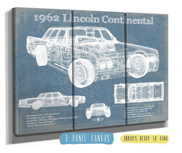 36" x 24" / 3 Panel Canvas Wrap Cutler West 1962 Lincoln Continental Sedan Vintage Blueprint Auto Print