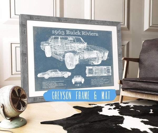 14" x 11" / Greyson Frame & Mat Cutler West 1963 Buick Riviera Vintage Blueprint Auto Print