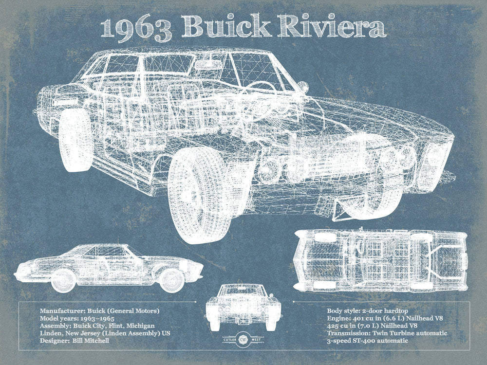 14" x 11" / Stretched Canvas Wrap Cutler West 1963 Buick Riviera Vintage Blueprint Auto Print