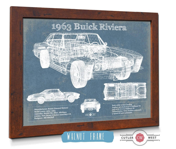 20" x 16" / Walnut Frame Cutler West 1963 Buick Riviera Vintage Blueprint Auto Print