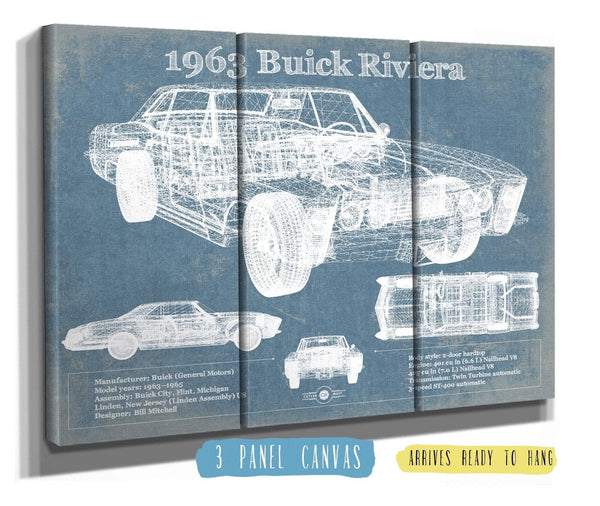 36" x 24" / 3 Panel Canvas Wrap Cutler West 1963 Buick Riviera Vintage Blueprint Auto Print