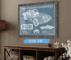 14" x 11" / Greyson Frame Cutler West 1963 Chevrolet Corvette (C2) Vintage Blueprint Auto Print