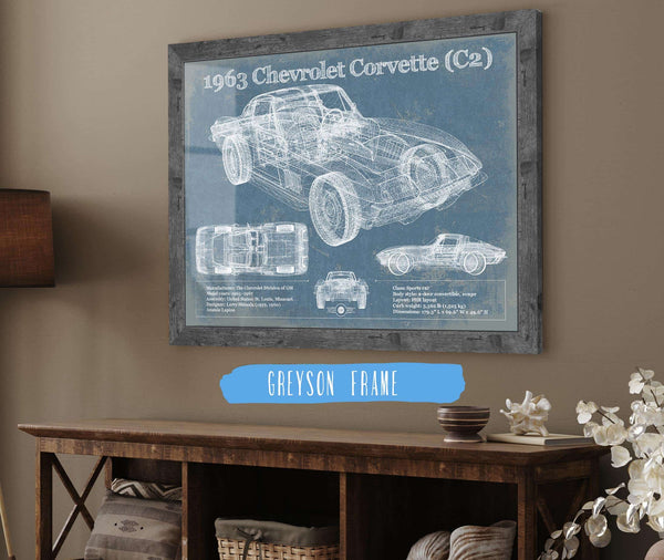 14" x 11" / Greyson Frame Cutler West 1963 Chevrolet Corvette (C2) Vintage Blueprint Auto Print