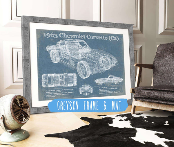 14" x 11" / Greyson Frame & Mat Cutler West 1963 Chevrolet Corvette (C2) Vintage Blueprint Auto Print