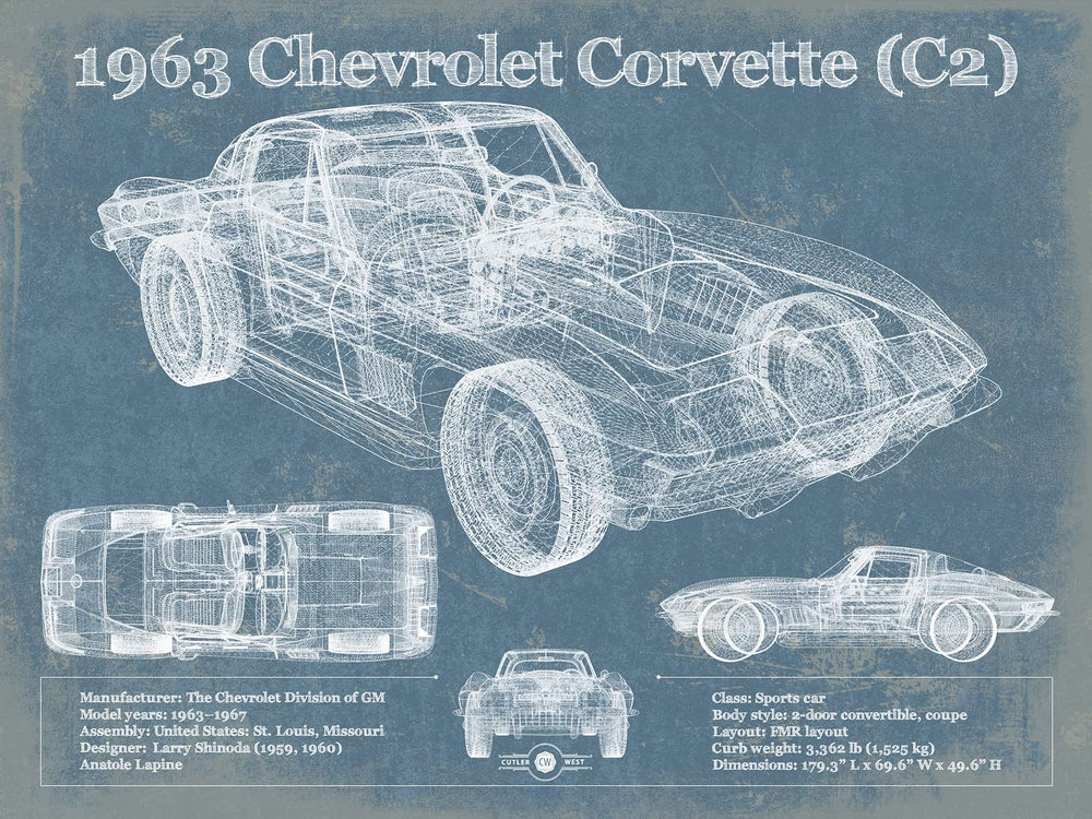 14" x 11" / Stretched Canvas Wrap Cutler West 1963 Chevrolet Corvette (C2) Vintage Blueprint Auto Print