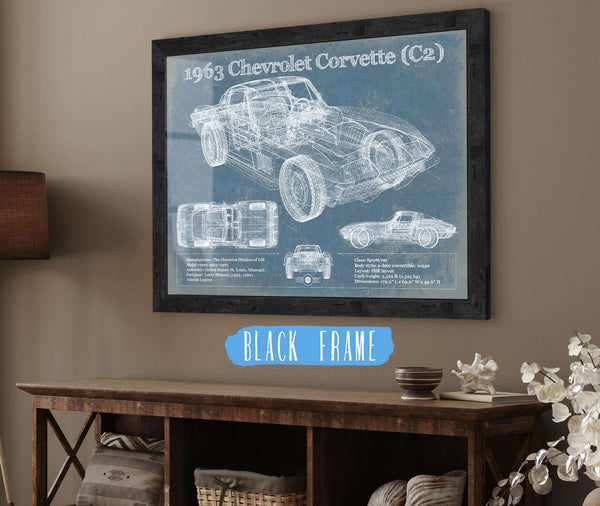 20" x 16" / Black Frame Cutler West 1963 Chevrolet Corvette (C2) Vintage Blueprint Auto Print