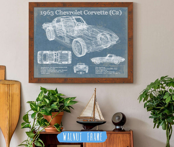 20" x 16" / Walnut Frame Cutler West 1963 Chevrolet Corvette (C2) Vintage Blueprint Auto Print