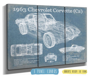 36" x 24" / 3 Panel Canvas Wrap Cutler West 1963 Chevrolet Corvette (C2) Vintage Blueprint Auto Print