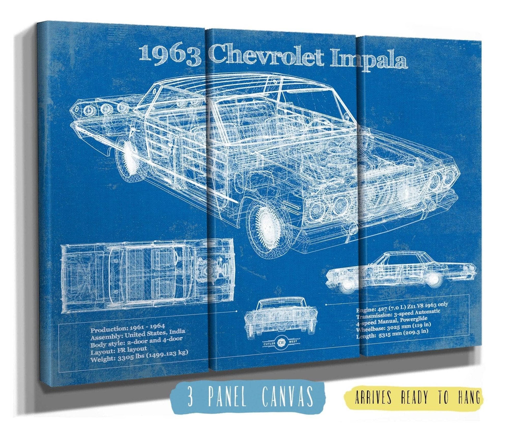 Cutler West Chevrolet Collection 48" x 32" / 3 Panel Canvas Wrap 1963 Chevrolet Impala Blueprint Vintage Auto Print 933311328