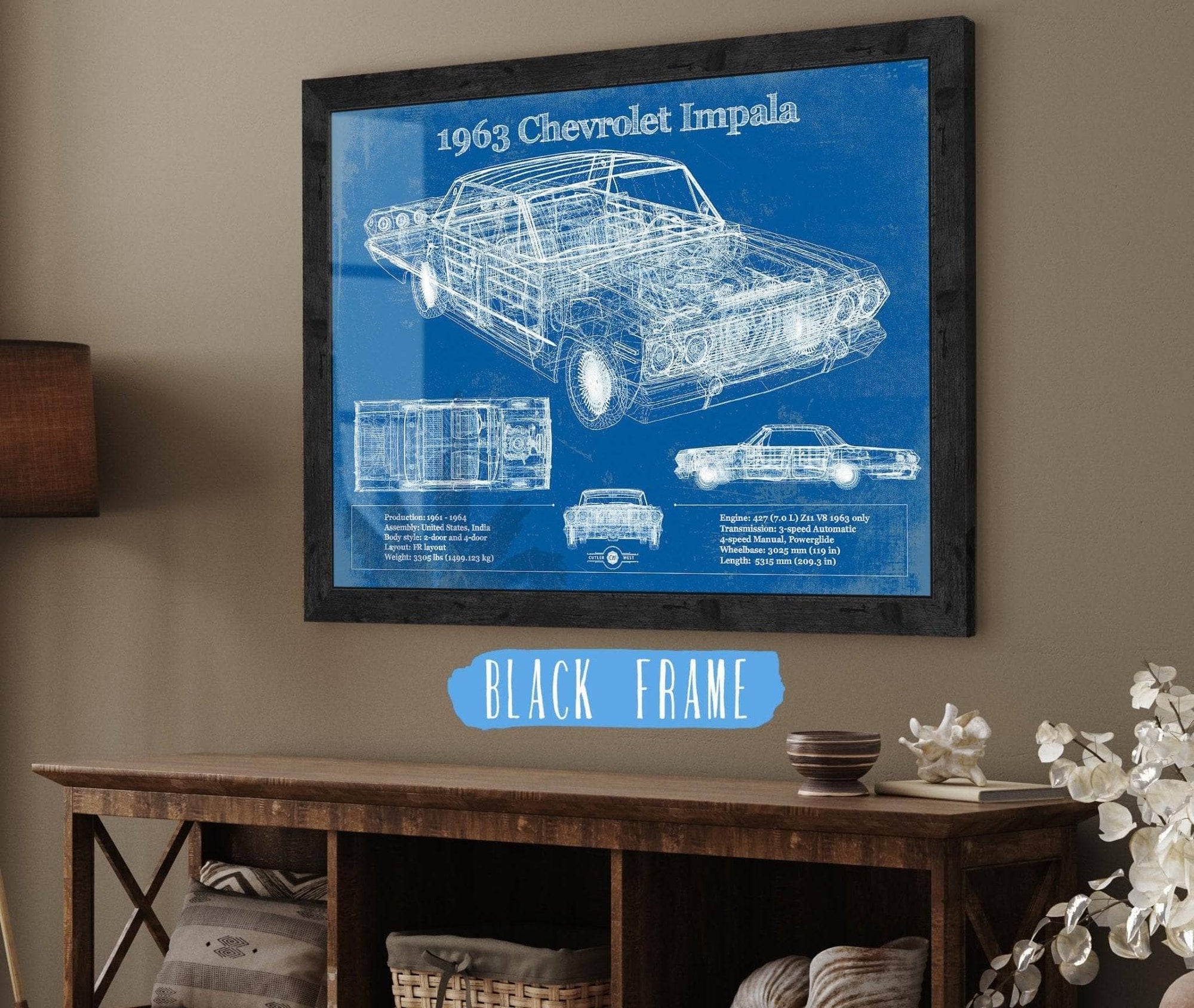 Cutler West Chevrolet Collection 14" x 11" / Black Frame 1963 Chevrolet Impala Blueprint Vintage Auto Print 933311328