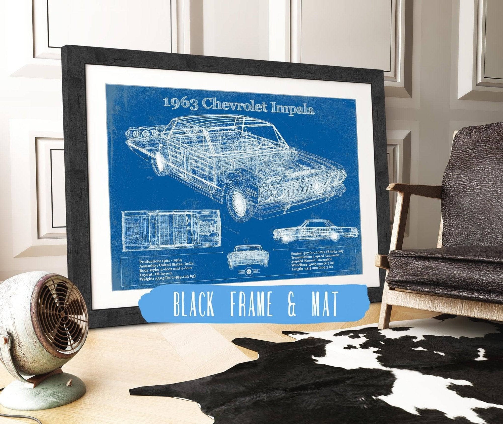 Cutler West Chevrolet Collection 14" x 11" / Black Frame & Mat 1963 Chevrolet Impala Blueprint Vintage Auto Print 933311328
