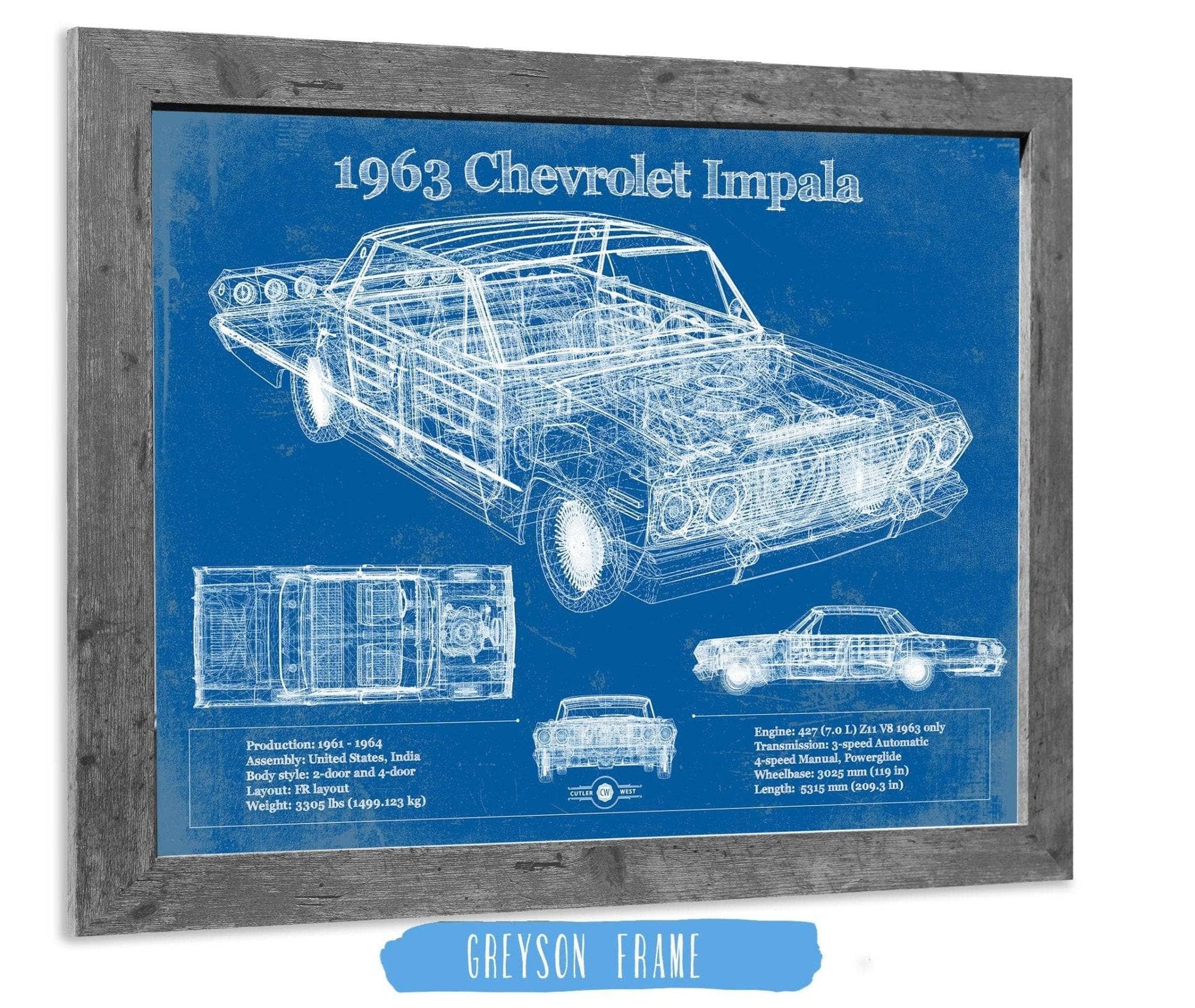 Cutler West Chevrolet Collection 1963 Chevrolet Impala Blueprint Vintage Auto Print
