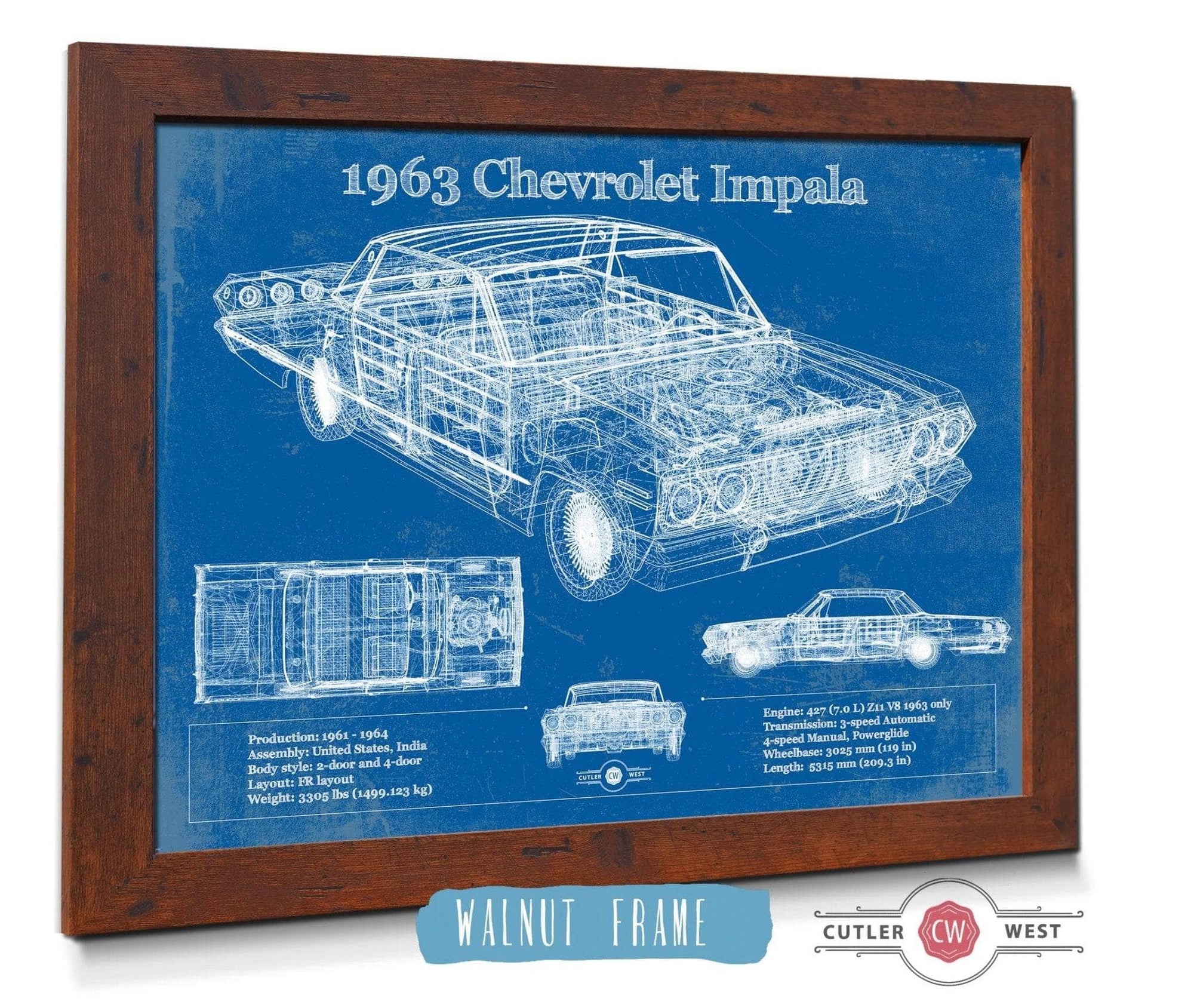 Cutler West Chevrolet Collection 1963 Chevrolet Impala Blueprint Vintage Auto Print