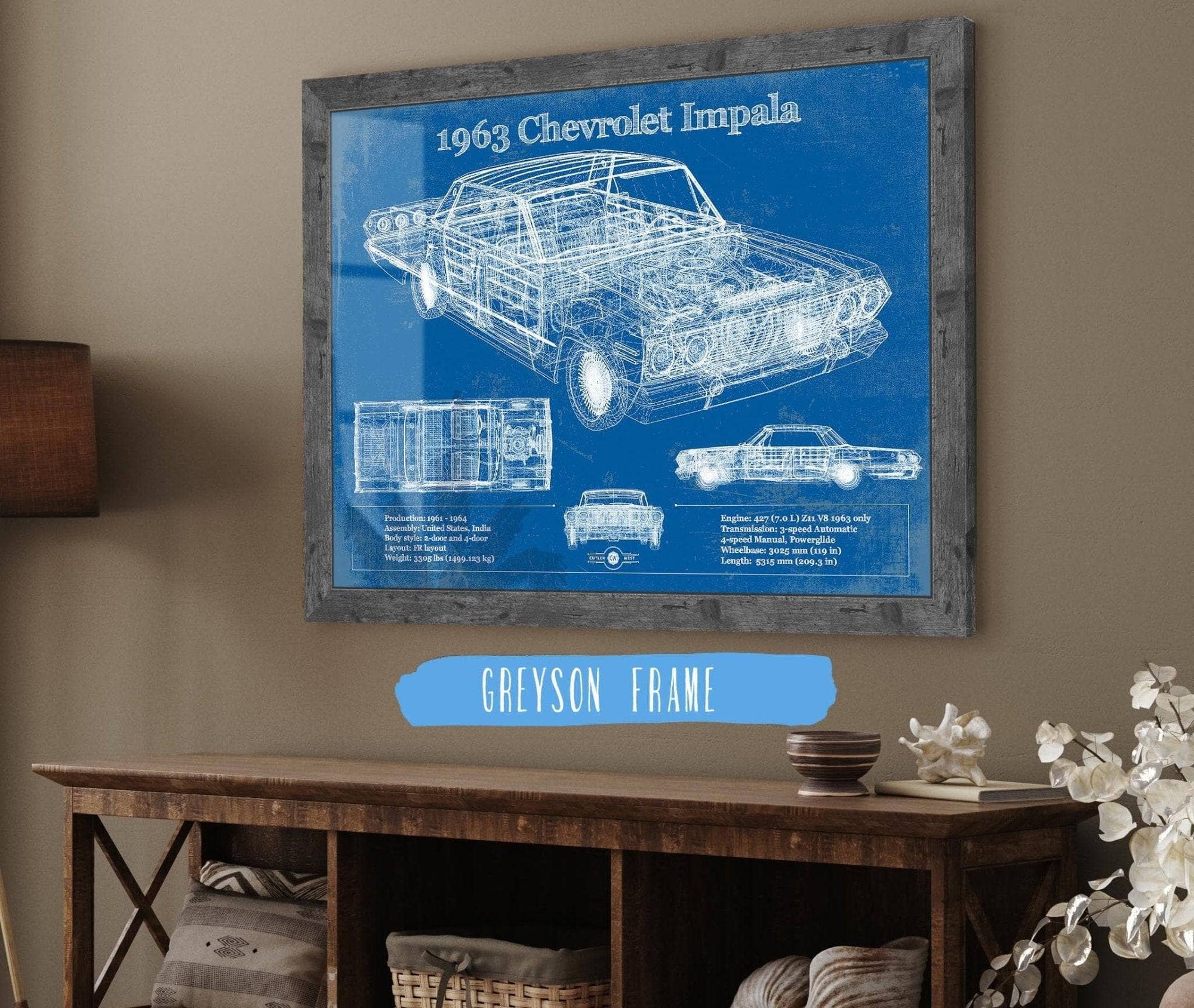 Cutler West Chevrolet Collection 14" x 11" / Greyson Frame 1963 Chevrolet Impala Blueprint Vintage Auto Print 933311328