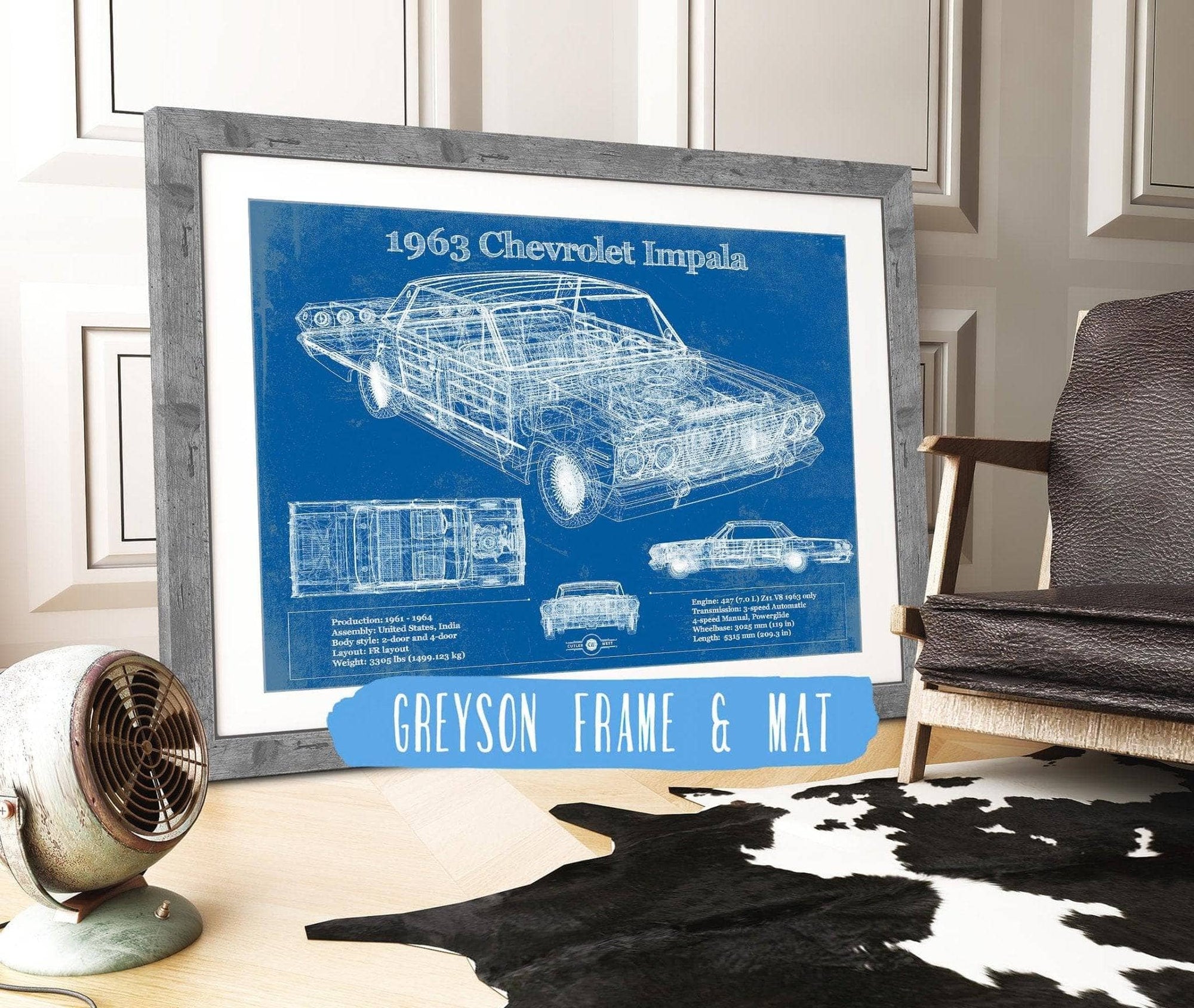 Cutler West Chevrolet Collection 14" x 11" / Greyson Frame & Mat 1963 Chevrolet Impala Blueprint Vintage Auto Print 933311328