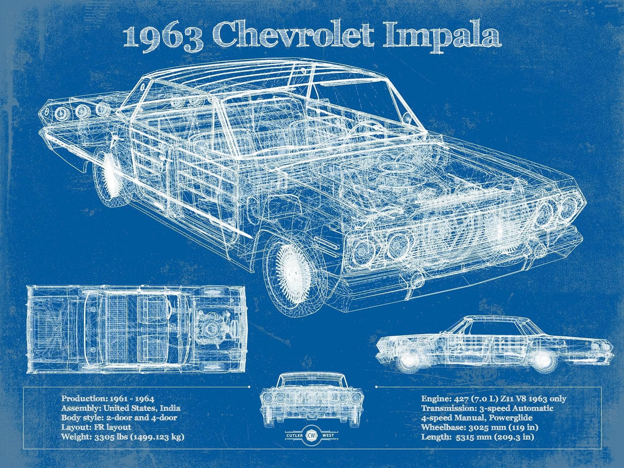 Cutler West Chevrolet Collection 14" x 11" / Unframed 1963 Chevrolet Impala Blueprint Vintage Auto Print 933311328