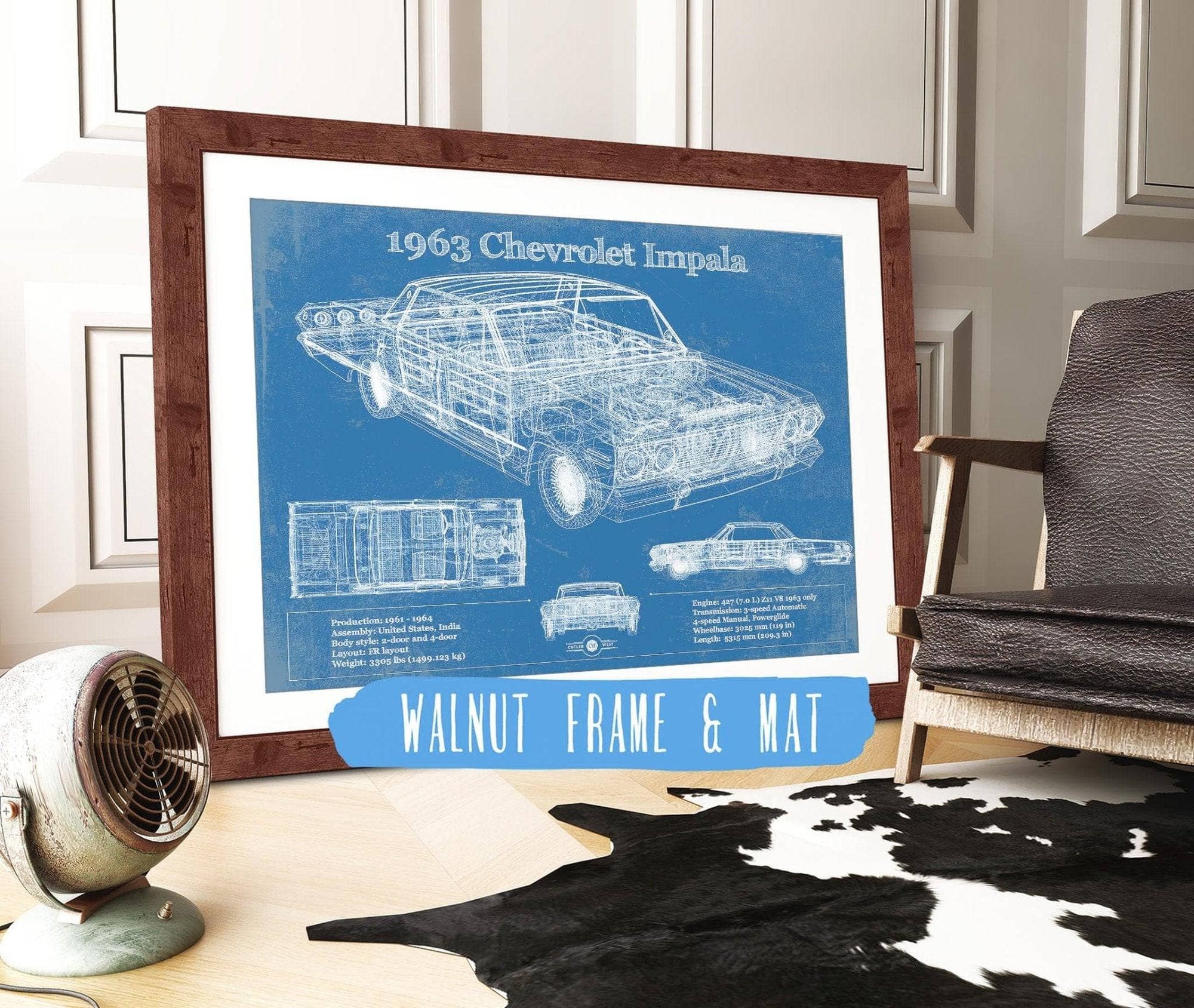 Cutler West Chevrolet Collection 14" x 11" / Walnut Frame & Mat 1963 Chevrolet Impala Blueprint Vintage Auto Print 933311328