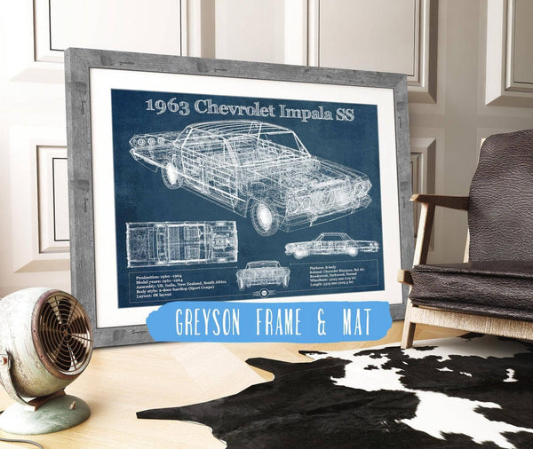 14" x 11" / Greyson Frame & Mat Cutler West 1963 Chevrolet Impala SS Hardtop Sport Coupe Blueprint Vintage Auto Print