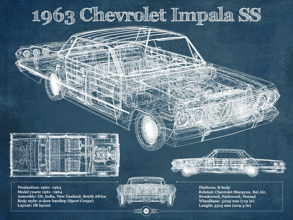 14" x 11" / Stretched Canvas Wrap Cutler West 1963 Chevrolet Impala SS Hardtop Sport Coupe Blueprint Vintage Auto Print