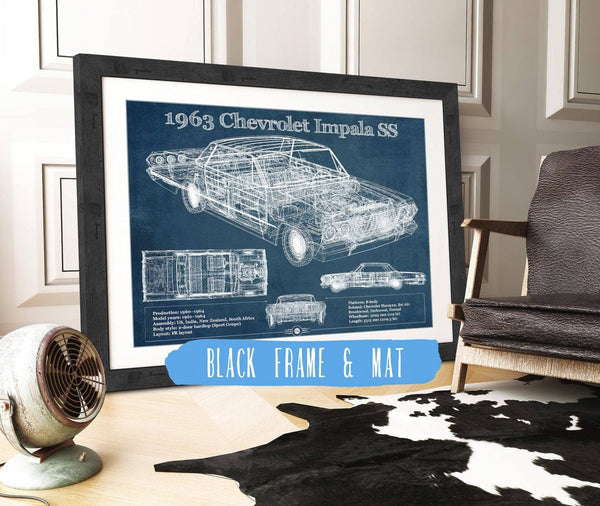 20" x 16" / Black Frame & Mat Cutler West 1963 Chevrolet Impala SS Hardtop Sport Coupe Blueprint Vintage Auto Print