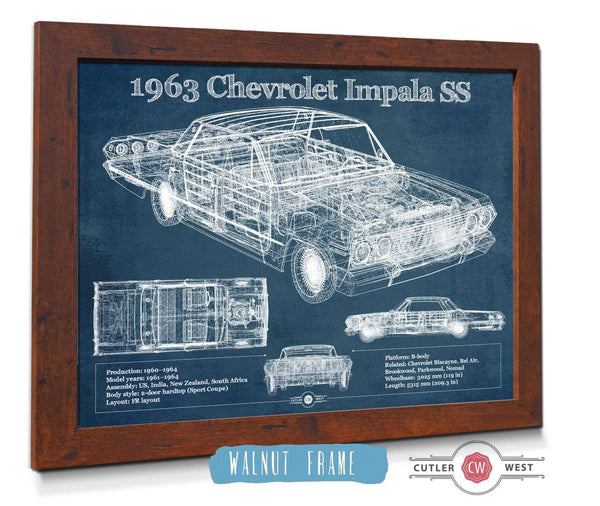 20" x 16" / Walnut Frame Cutler West 1963 Chevrolet Impala SS Hardtop Sport Coupe Blueprint Vintage Auto Print