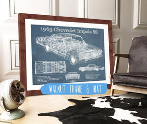 20" x 16" / Walnut Frame & Mat Cutler West 1963 Chevrolet Impala SS Hardtop Sport Coupe Blueprint Vintage Auto Print