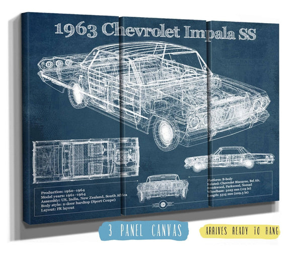 36" x 24" / 3 Panel Canvas Wrap Cutler West 1963 Chevrolet Impala SS Hardtop Sport Coupe Blueprint Vintage Auto Print