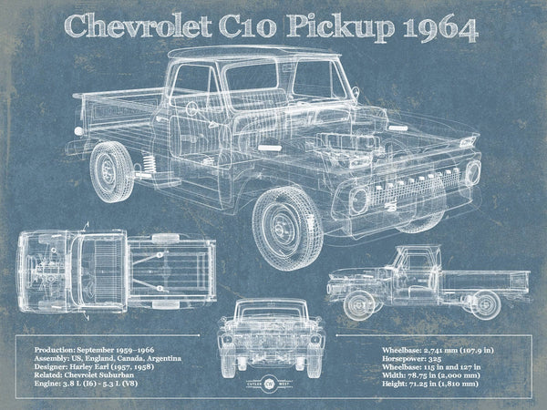 14" x 11" / Unframed Cutler West 1964 Chevrolet C10 Pickup Vintage Blueprint Auto Print