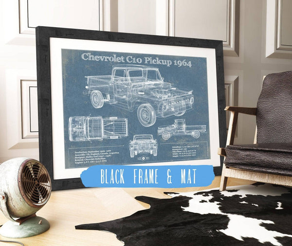 20" x 16" / Black Frame & Mat Cutler West 1964 Chevrolet C10 Pickup Vintage Blueprint Auto Print