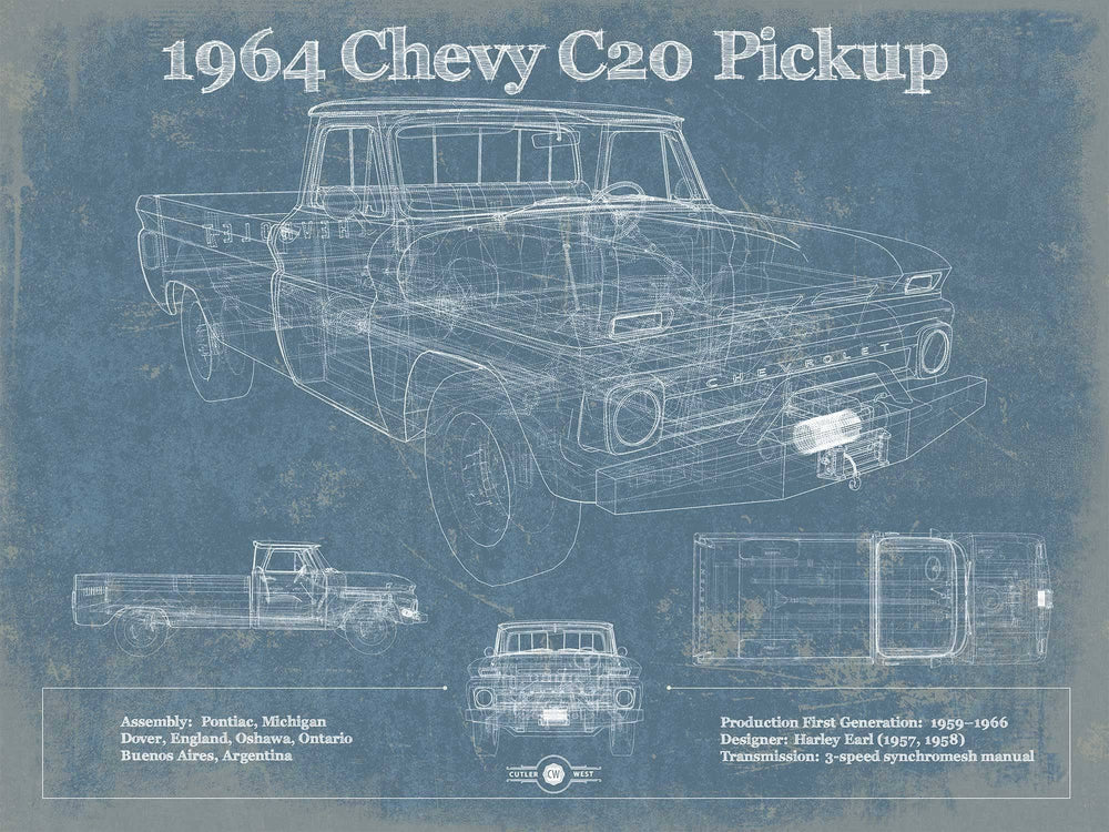 14" x 11" / Stretched Canvas Wrap Cutler West 1964 Chevrolet C20 Pickup Vintage Blueprint Auto Print
