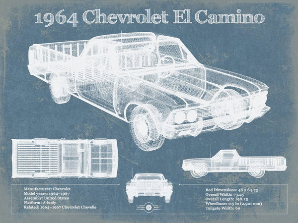 14" x 11" / Unframed Cutler West 1964 Chevrolet El Camino Vintage Blueprint Auto Print