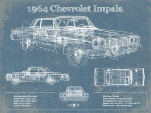 14" x 11" / Unframed Cutler West 1964 Chevrolet Impala Original Blueprint Art