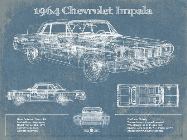 14" x 11" / Unframed Cutler West 1964 Chevrolet Impala Original Blueprint Art