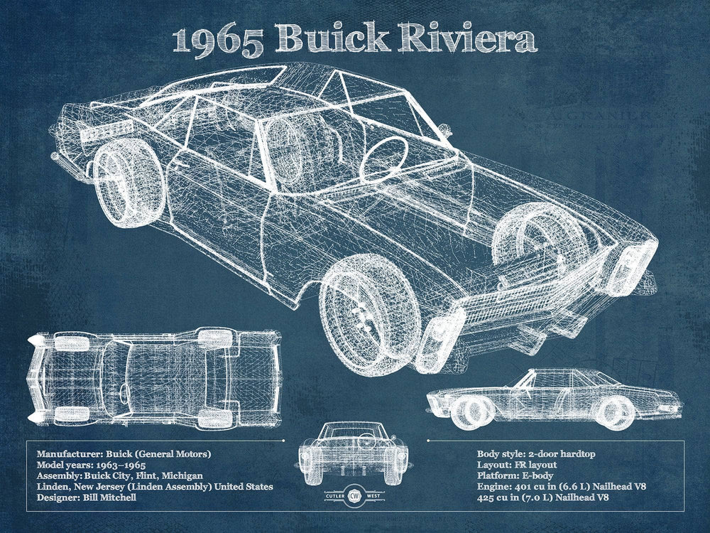 14" x 11" / Stretched Canvas Wrap Cutler West 1965 Buick Riviera Vintage Blueprint Auto Print