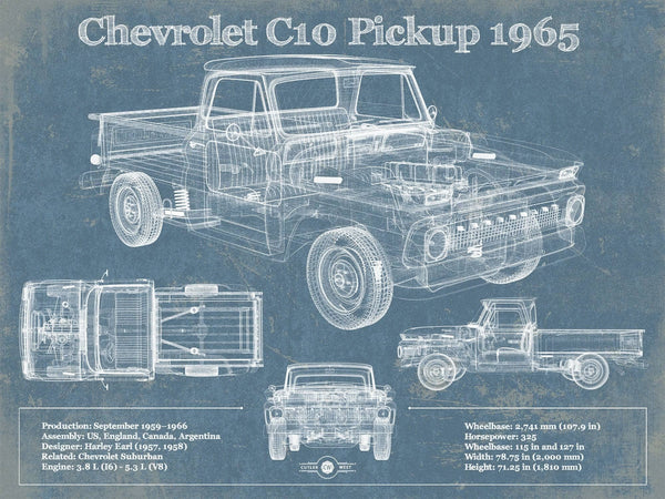 14" x 11" / Unframed Cutler West 1965 Chevrolet C10 Pickup Vintage Blueprint Auto Print
