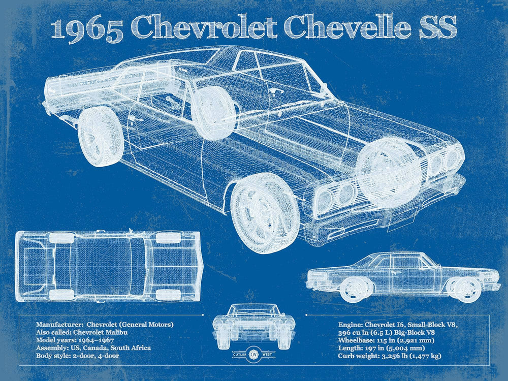 14" x 11" / Stretched Canvas Wrap Cutler West 1965 Chevrolet Chevelle Malibu SS Vintage Blueprint Auto Print