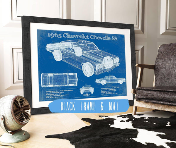 20" x 16" / Black Frame & Mat Cutler West 1965 Chevrolet Chevelle Malibu SS Vintage Blueprint Auto Print