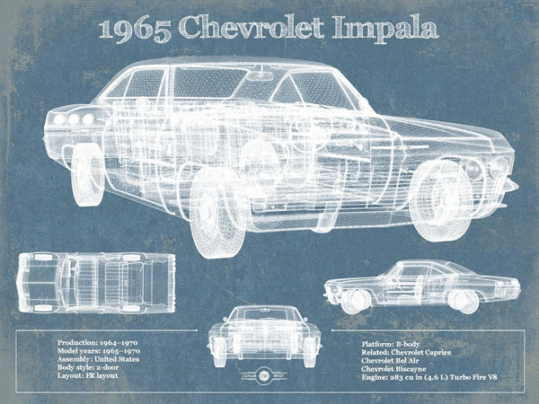 14" x 11" / Unframed Cutler West 1965 Chevrolet Impala Blueprint Vintage Auto Print