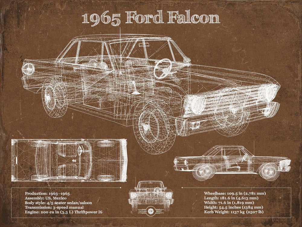 14" x 11" / Stretched Canvas Wrap Cutler West 1965 Ford Falcon Blueprint Vintage Auto Print