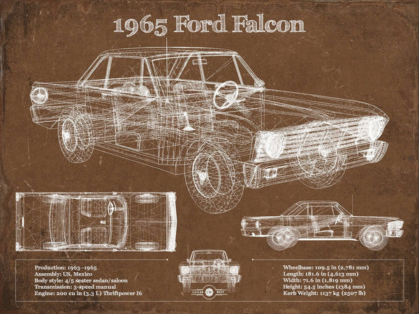 14" x 11" / Unframed Cutler West 1965 Ford Falcon Blueprint Vintage Auto Print