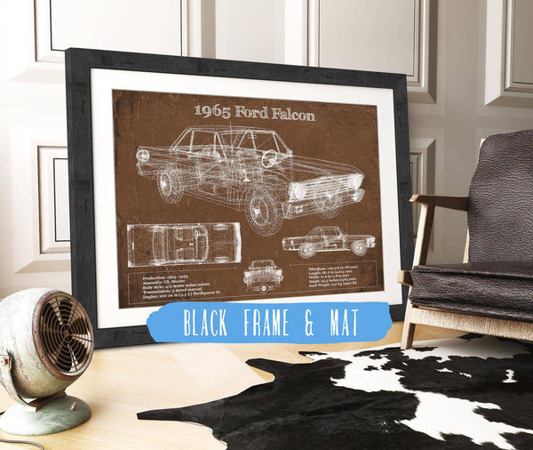 20" x 16" / Black Frame & Mat Cutler West 1965 Ford Falcon Blueprint Vintage Auto Print