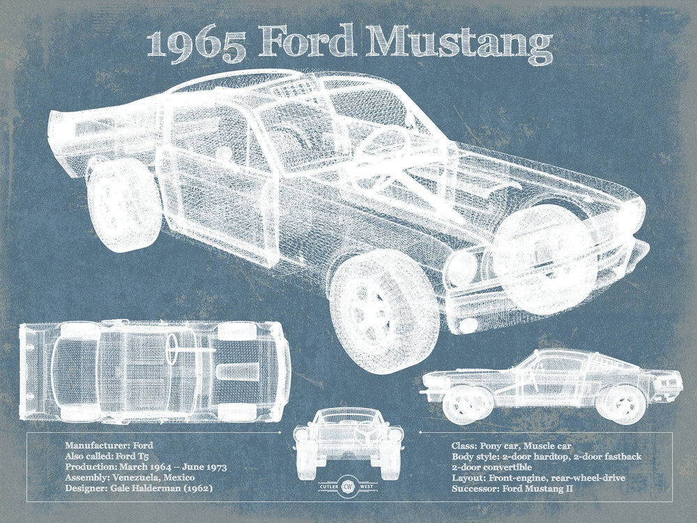 14" x 11" / Stretched Canvas Wrap Cutler West 1965 Ford Mustang Fastback Original Blueprint Art